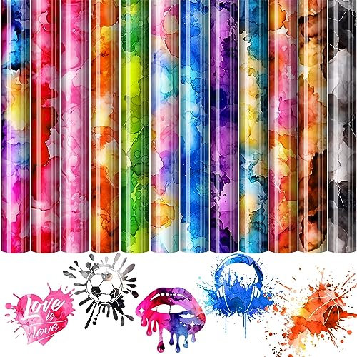 MJARTORIA Plotterfolie Textil Vinyl, Flexfolie Plotter Textil 30×25 cm, Plotterfolie Plotter für DIY T-Shirt Stoffe Leder (12pcs Aquarellmuster Bunt)