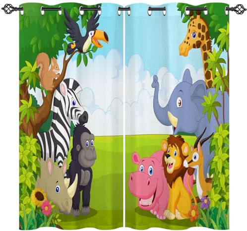 ANHOPE Safari Animal Curtains Eyelet Thermal Insulated Blackout Curtains Jungle Giraffe Elephant Lion Print Pattern Ring Top Drapes for Kids Boys Girls Bedroom Living Room 46 x 54 Inch Drop 2 Panels