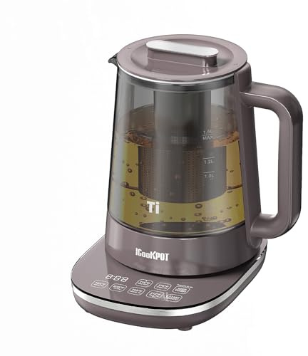 ICOOKPOT Titanium Hot Tea Maker Glass Electric Kettle with Infuser and Temperature Control,1.5L Tea Maker & 1500W Rapid Boiling,Programmable Control for your Favorite Teas and Coffee-Brown