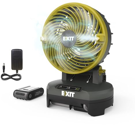 EXIT Akku-Nebelventilator EX022 20V,ideal für Camping, Grillpartys & Strand | 3 Geschwindigkeiten, 3 Nebeleinstellungen, bis 8 Std. Laufzeit, 60° Schwenkkopf, für Camping, Grillpartys & Strand, 19L Eimer