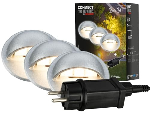BRILONER - Connect to Shine 12V Gartensystem 3er Set Bodeneinbaustrahler mit Seitenlicht, Basisset mit Trafo, IP65, warmweißes Licht, Gartenbeleuchtung, Bodeneinbauleuchten, 35x36 mm, Silberfarbig