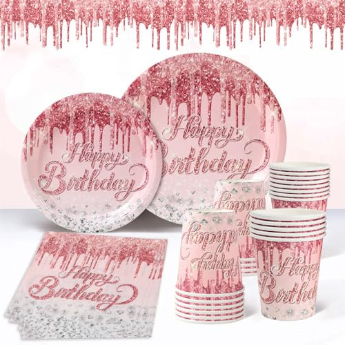 Plates Rosegold Geburtstag Tischdeko Partygeschirr Set, 96pcs Rosa Gold Glitzer Diamant Einweg Pappteller Pappbecher Servietten, Pink Rosegold Party Tischdeko für Geburtstagsdeko Mädchen Frauen