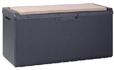 Avilia Baúl portaobjetos con asiento y cojín desenfundable de exterior – Baúl con ruedas, resistente a la intemperie, de polipropileno, 340 l, 123 x 54 x 59 cm, antracita