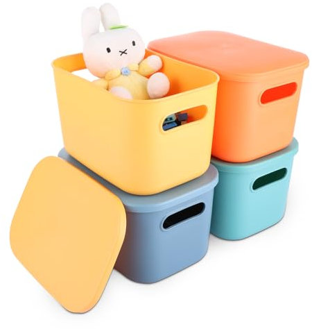 ASelected 4 Pcs Storage Boxes With Lids,Plastic Storage Boxes Kitchen Stackable Storage Baskets For Kitchen, Cupboard, Office, Bathroom, Toy 25.5X18X15.4 cm