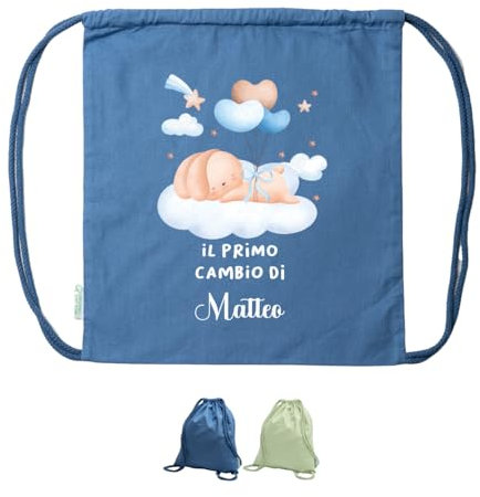 Il primo cambio di... Zaino A Sacca In Cotone Organico Personalizzato con Nome e Coniglietto Sacchetto Porta Corredino Bebè Neonato Idea Regalo Natale Compleanno Nuova Nascita Bimba Bimbo in Arrivo