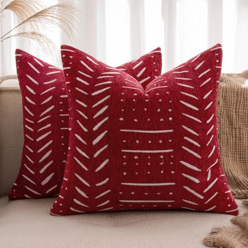 MIULEE Weihnachten 2er Kissenbezug 45x45 Rot Chenille Boho Kissenbezüge Kissenhülle Sofakissen dekokissen zierkissen Elegantes Design für Couch Sofa Wohnzimmer