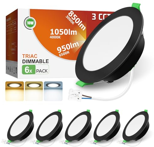 ALUSSO 3CCT LED Einbaustrahler 230V Dimmbar 10W IP44 Loch 90-100MM 6er Set | Spots Deckenleuchte 3000K 4000K 6500K Wählbar Deckenspots Einbauleuchten Einbauspots für Badezimmer Küche Wohnzimmer, Schwarz
