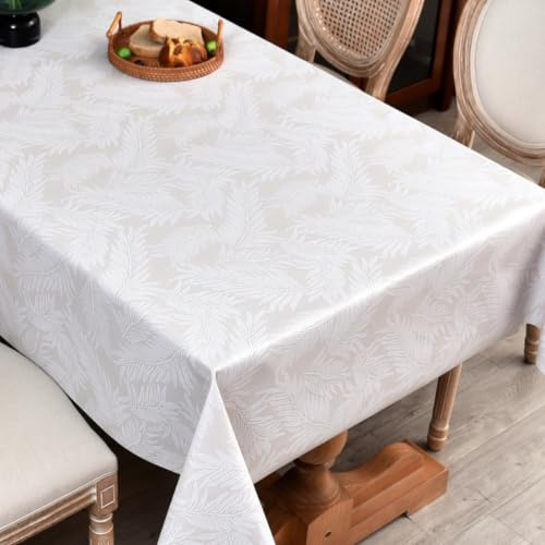 Plenmor Mantel Hule Mesa Rectangular Manteles Antimanchas, Mantel Exterior Impermeable Hule Mesa Rectangular PVC Kitchen, Picnic, Cumpleaños (Hojas Beis, 185 x 137 cm)