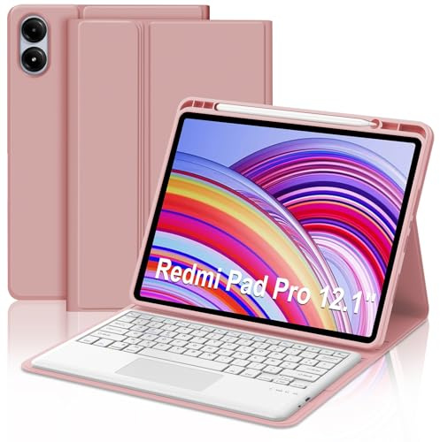 Coque Clavier pour Xiaomi Redmi Pad Pro 12.1 Pouces 2024 et Xiaomi Poco Pad | AZERTY Français Bluetooth sans Fil Détachable Étui Clavier pour Tablette Redmi Pad Pro 12.1 avec Pavé Tactile, Or rose