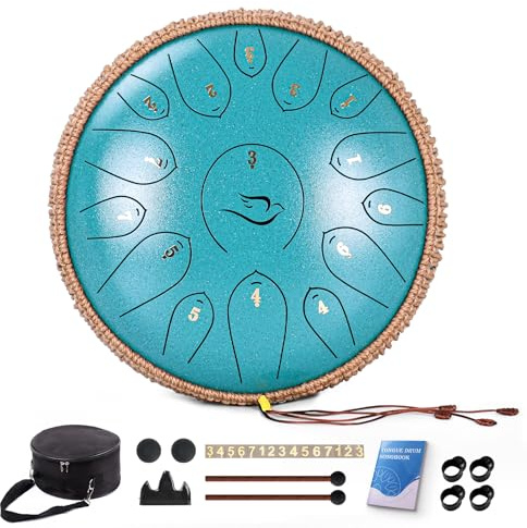 Steel Tongue Drum, 12 Zoll 15 Note Tongue Drums, Handpan Drums Percussion Instrument für Kinder & Erwachsene, Hand Pan Drum mit Notenbuch, Schlagzeug Schlägel und Tragetasche, Dur C (Malachitgrün)