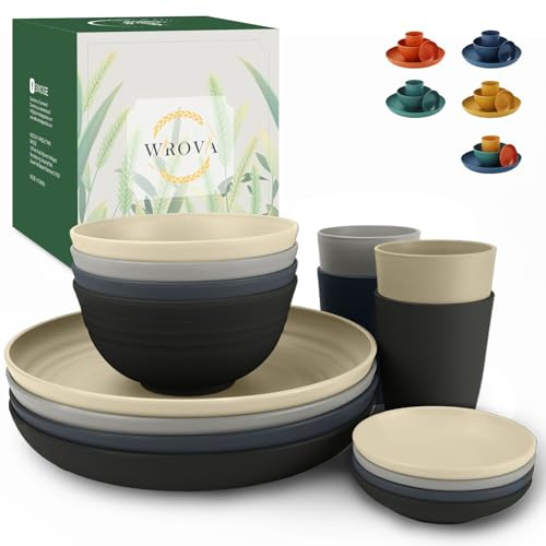 Wrova Plates and Bowls Set 16 PCS Dinner Set - Unbreakable Plate Set for 4 | Reusable Plastic Dinner Set for Camping - Dishwasher Safe and Freezer Safe Dishes Set - Black & Grey