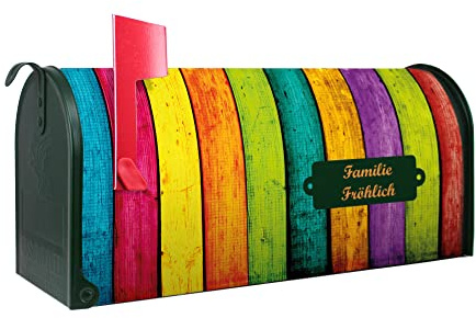 banjado® Amerikanischer Briefkasten - US Mailbox/Letterbox mit Motiv Bunte Holzlatten 51x22x17cm - Postkasten Stahl aus Amerika – Briefkasten amerikanisch grün pulverbeschichtet