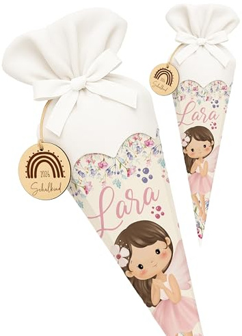 Kidsmood Schultüte personalisiert mit Namen Mädchen-Design – Hochwertiges Bastelset inkl. Rohling, Stoff & Holzschild für Einschulung 2026 mit liebevollem Motiv – Zuckertüte Geschenk Kinder