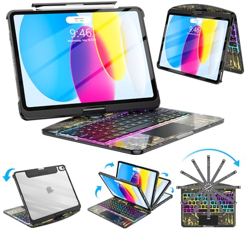 SIBEITU Keyboard Case for iPad A16 11th Gen 11 2025 & 10th Gen 10.9 2022 | Clear Wireless Keyboard Protective Cover with Multi-Touch Trackpad, 7-Color Backlight & 3-Brightness, 360° Rotatable, Black