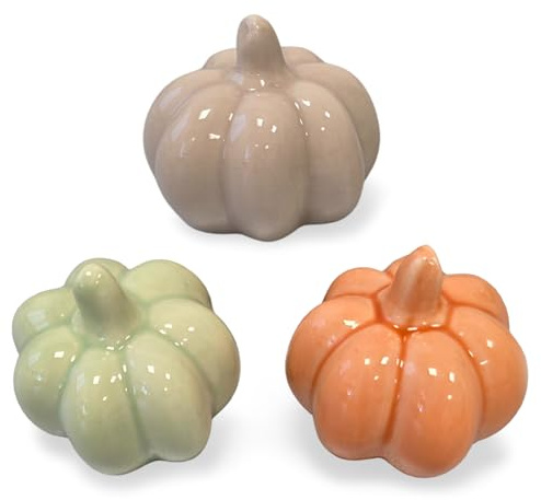 Logbuch-Verlag Deko Kürbis 3er Set Porzellan 5 cm – Herbstdeko Kürbisse in Grün Orange Braun – Mini Kürbisfiguren
