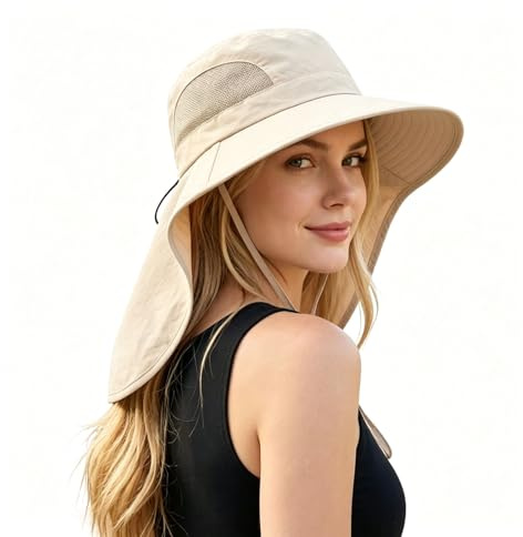 Higijapuf Womens Sun Hat UPF 50, Packable Wide Brim Summer Hat, Lightweight Safari Hat for Beach Hiking Fishing Garden Camping Travel, Breathable Outdoor Hat with Neck Cover