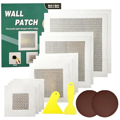 HynPaxl 16Pcs Wall Repair Patch Kit for Quick Fix Walls & Ceilings | Self Adhesive Drywall Repair Kit Aluminum Mesh Patches Walls Hole Filler Patches Plasterboard Tape with 2 Sandpaper 2 Scraper
