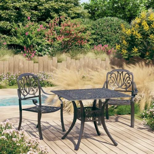 YunCangg 3-delad bistro-set gjuten aluminium svart med 2 trädgårdsstolar och bord 90 x 90 x 73 cm, väderbeständig för terrass, balkong, utomhus, lounge, matgrupp med paraplyhål för avslappnade stunder