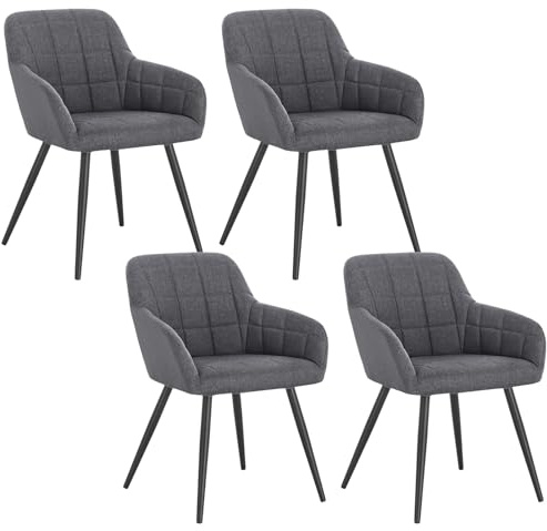 WOLTU Esszimmerstühle 4er Set, Küchenstühle mit Armlehnen | mit Sitzfläche aus Leinen, Gestell aus Metall, modern, für Wohnzimmer Küche Esszimmer, Dunkelgrau