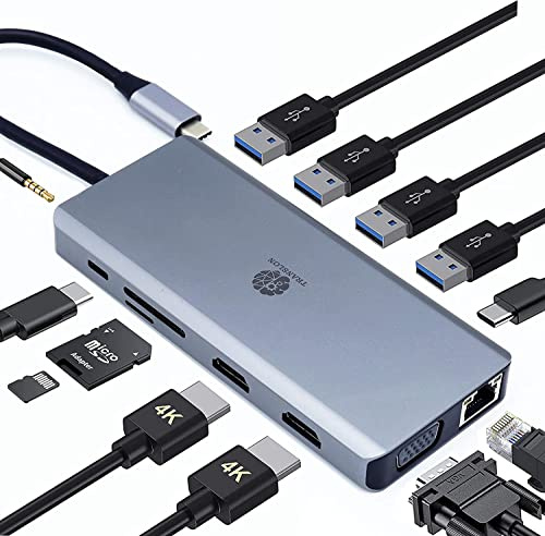 TRANSLON USB C Hub, compacta estación de acoplamiento, 13 en 1, pantalla triple, PD 100W, 2X HDMI, 1x VGA, 4X USB, 1x extra tipo USB C, lector de tarjetas SD/microSD, LAN Ethernet, conector de 3,5 mm