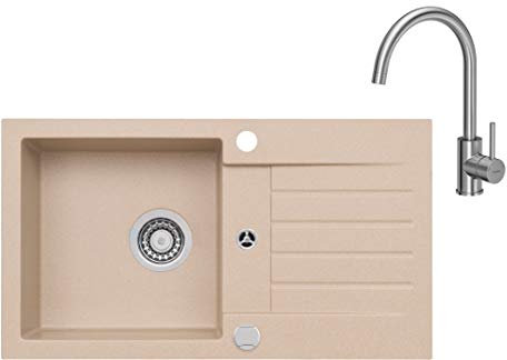 VBChome Spüle mit Armatur 75 x 42 cm Beige Spültischarmatur Granit Einzelbecken Einbauspüle gesprenkelt reversibel Verbundspüle Siphon Drexexcenter Wasserhahn Einhebel