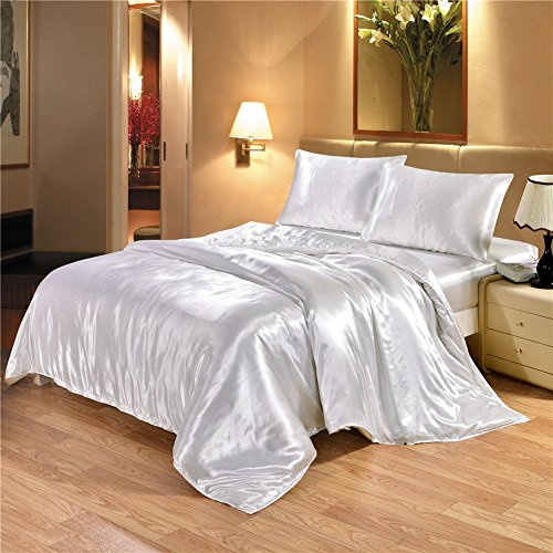 White Duvet Set Full/Queen Size - 3 Piece Soft Silky Satin Duvet Cover with Zipper Closure & 2 Pillow Shams, Hotel Quality Wrinkle and Fade Resistant Duvet Cover Set