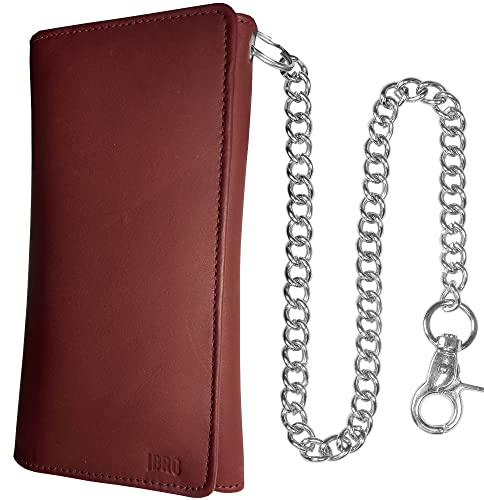 IBRO Motorcycle Chain Wallet for Men, 100% Natural Genuine Leather, Long Trifold RFID Blocking, Credit Card Money Organizer - Mens Trucker Biker Metal Chain Wallets OxBlood