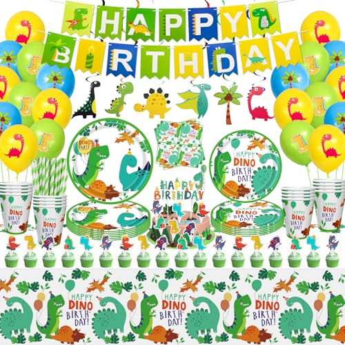 162 Pcs Dinosaurier Geburtstag Party Supplies Set Dinosaurier Thema Geschirr Set Dino Happy Birthday Banner Teller Tischdecken Tassen Servietten Dino T-Rex Party Dekoration Set Serves 20