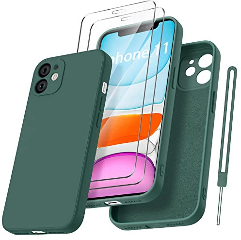 Qasyfanc HandyHülle für iPhone 11 Hülle Silikon case mit 2 Stück schutzfolie, Ultra Microfiber TPU Flüssig silikon mit Kameraschutz Kratzfeste Rundumschutz Schutzhülle 6.1''-Dunkelgrün