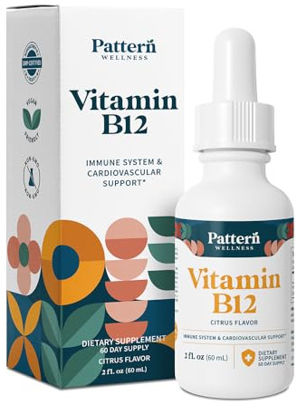 Pattern Wellness Vitamin B12 5000 mcg – Sublingual Liquid Drops – Methylcobalamin, Supports Energy & Immune Health – Vegan Citrus Flavor – 2 fl. oz (60mL), 3rd Party Lab Tested