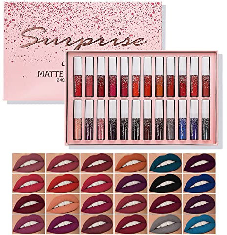 Holzsammlung 24pcs/set Juego de Brillo de Labios Mate Sexy Lápiz Labial Líquido de Larga Duración Impermeable Nude Hidratante Liquid Lipstick Maquillaje Regalo Set