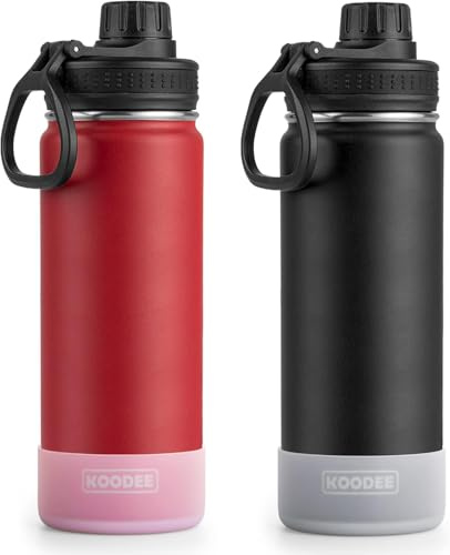 koodee Insulated Water Bottle 2 Pack-22 oz Stainless Steel Vacuum Metal Sports Water Bottle with Leakproof Spout Lid,BPA Free (Canyon Red-Black)