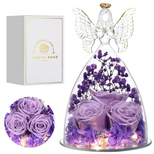 Tiaronics Mothers Day Mom Gifts for Women Preserved Flowers in Glass Angel Forever Flowers Gifts Eternal Roses Gifts for Grandma, Light Purple