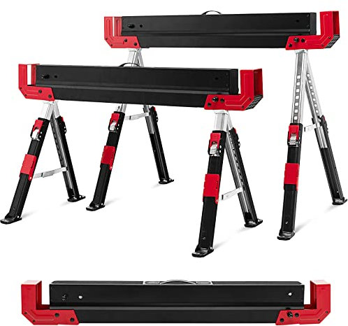 GOPLUS Juego de 2 caballetes portátiles de acero con 9 niveles de ajuste de altura, asas de transporte, parte superior de PVC antideslizante, juego de caballete de trabajo soporta hasta 1180 kg