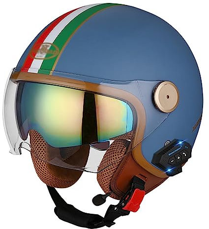 Casco Moto Demi-Jet Moto Bluetooth Casco A Scodella Omologato ECE/DOT Cruiser Scooter Street Casco Con Visiera Parasole Estivo Moto Aperto Mezzo Casco Per Uomo Donna 7,L:59-60CM