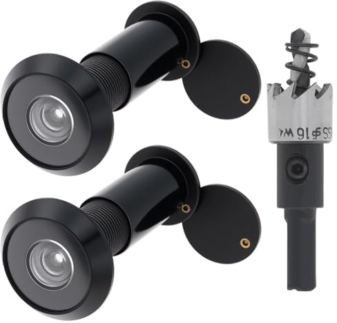 HOJLKLD Door Viewer Peephole, 2 Pack 200 Degree Sold Brass Peep Hole with 5/8 (16 mm) Drill Bit for 1-1/2 to 2-3/8 Doors, Security Front Door Viewer with Privacy Cover (Black)