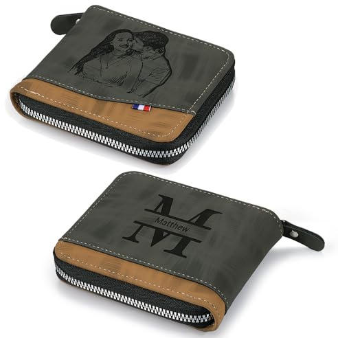 ALBERTBAND Geldbörse Herren Personalisiert Foto Leder - Portmonee Portemonnaie Groß mit Münzfach - Zip Brieftasche Geschenk für Männer Papa Vatertag Weihnachten (A-Foto&Letter)