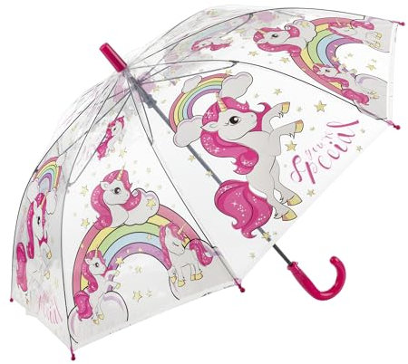 Idena 50115 - Regenschirm für Kinder aus transparentem Kunststoff mit Einhorn Motiv, Stockschirm mit manueller Öffnung, Durchmesser 83 cm und Länge ca. 66 cm