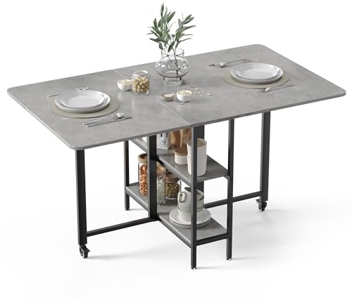 Mondeer 140cm Esstisch Klappbar,Küchentisch für kleine Räume,4-6 Personen | Klapptisch Ausklappbare,Ausreichend Stauraum,360° Rädern leicht bewegen und verriegeln,Küche,Esszimmer,Wohnzimmer,Grau