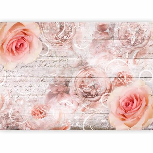 murando - Papier Peint Panoramique Intissé Nature 350x256 cm - Revêtement Mural pour Salon - Moderne Décoration - Beige rouge vert - Citations bois fleurs inscriptions roses vintage b-A-0606-a-a
