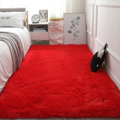 XUEDNGM Waschbarer Teppich Shaggy Teppich 45 x 135 cm Hochflor Teppich Wohnzimmer Flauschig Fellteppich Waschbar Bis 30 Grad, Super Soft, Anti-Rutsch, Flauschig für Wohn Schlafzimmer, Rot