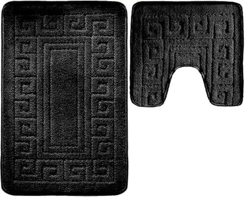 Pro Home Bath Mat Sets 2 Piece Washable 50x80cm – Non-Slip Toilet Mat and Pedestal Mat with Greek Pattern – Soft, Quick-Dry, Absorbent, Machine Washable, Ideal for Daily Use. (Black)