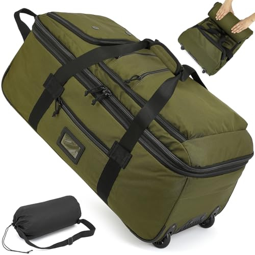 TAIHOYIN Borsone da Viaggio Pieghevole con Ruote Grande 85-100L Espandibile Borsa Sportiva Uomo Valigia con Ruote XL per Campeggio, Verde