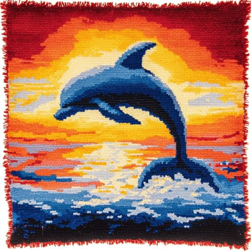 ASONGLINGO Kissenbezug Knüpfset, Cartoon-Delfin Knüpfkissen Set,DIY Knüpfteppich Knüpfpackung,Kreuzstich Knüpfkissen Zum Selber knüpfen Kissen Set,17x17in