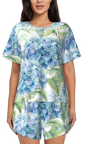 Ensemble pyjama à manches courtes et col rond pour femme Motif hortensia, Noir , S Taille courte