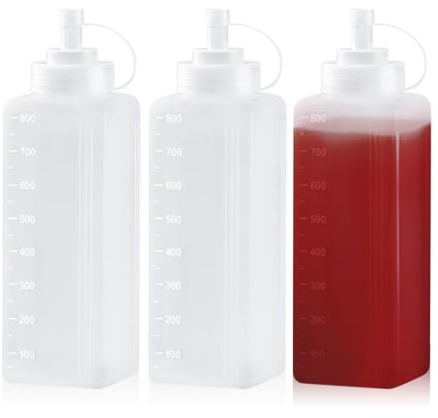 WANDGU 3 stycken plastklämflaskor: 800 ml bred mun klämflaska med lock, transparent inget läckage kondimentflaskor, kvadratisk klämsåsflaska, såsflaska för målning, bakning