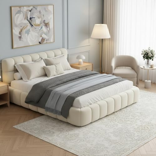 RXMORI Boden Polsterbett 140x200cm, Doppelbett mit Bettkasten, Bubble Bett Jugendbett mit Lattenrost und Gepolstertes Kopfteil, Flachbett Gästebett