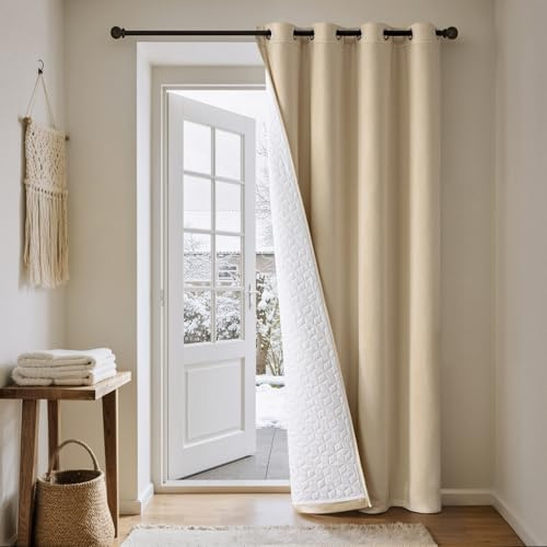 MIULEE Thermovorhang Samt, Kälteschutz Wärmevorhang, Beige, 132x245cm 1er | Doppellagiger Samt-Thermovorhang mit Gestepptem Futter, Blickdicht, Kälteschutz für Haustüren im Winter