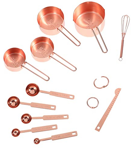 FUNNETOYU Tazas y Cucharas Medidoras Inoxidable con Varilla Mezcladora Rosa Dorado Resistente al Calor Anillas Colgantes para Cocina y Repostería Herramientas Precisas para Reutilizable