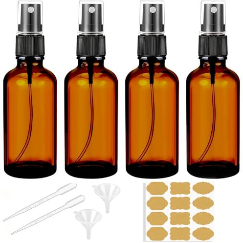 Flankor Amber Spray Bottle - 4Pcs 50ml Brown Small Spray Bottles Fine Mist Spray Refillable Containers with Dropper, Funnels, Label for Essential Oils, Cosmetic Travel
